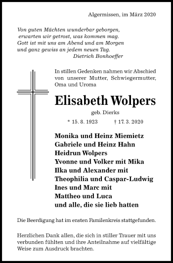 Traueranzeige von Elisabeth Wolpers von Hildesheimer Allgemeine Zeitung