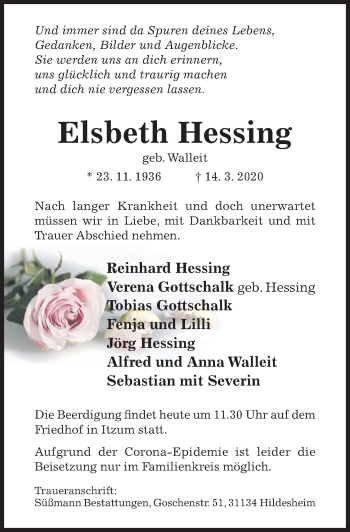 Traueranzeige von Elsbeth Hessing von Hildesheimer Allgemeine Zeitung