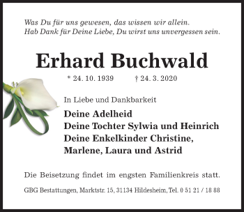 Traueranzeige von Erhard Buchwald von Hildesheimer Allgemeine Zeitung