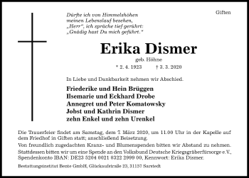 Traueranzeige von Erika Dismer von Hildesheimer Allgemeine Zeitung