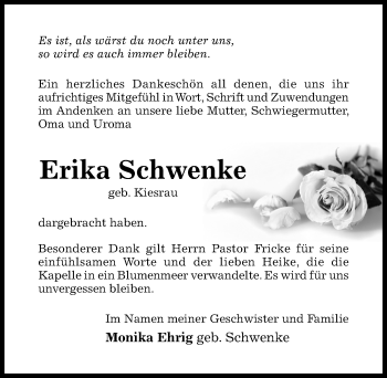 Traueranzeige von Erika Schwenke von Hildesheimer Allgemeine Zeitung