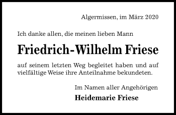 Traueranzeige von Friedrich-Wilhelm Friese von Hildesheimer Allgemeine Zeitung