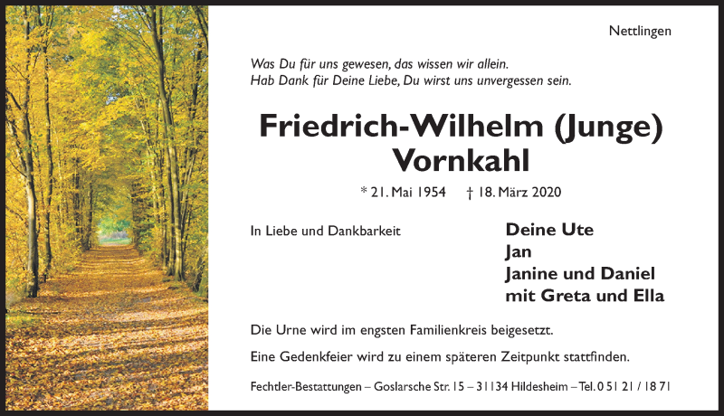  Traueranzeige für Friedrich-Wilhelm Vornkahl vom 21.03.2020 aus Hildesheimer Allgemeine Zeitung