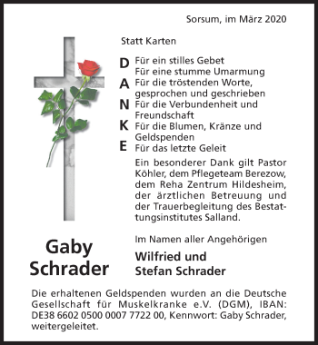 Traueranzeige von Gaby Schrader von Hildesheimer Allgemeine Zeitung