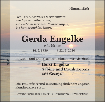 Traueranzeige von Gerda Engelke von Hildesheimer Allgemeine Zeitung