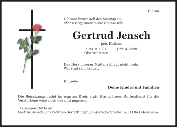 Traueranzeige von Gertrud Jensch von Hildesheimer Allgemeine Zeitung