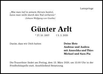 Traueranzeige von Günter Arlt von Hildesheimer Allgemeine Zeitung