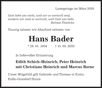 Traueranzeige von Hans Bader von Hildesheimer Allgemeine Zeitung