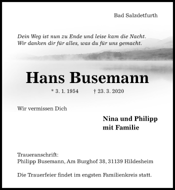 Traueranzeige von Hans Busemann von Hildesheimer Allgemeine Zeitung