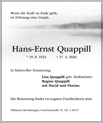 Traueranzeige von Hans-Ernst Quappill von Hildesheimer Allgemeine Zeitung