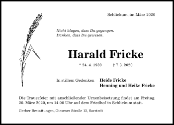 Traueranzeige von Harald Fricke von Hildesheimer Allgemeine Zeitung