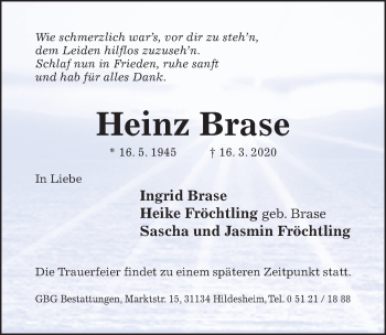 Traueranzeige von Heinz Brase von Hildesheimer Allgemeine Zeitung