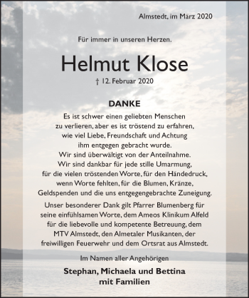 Traueranzeige von Helmut Klose von Hildesheimer Allgemeine Zeitung