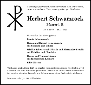 Traueranzeige von Herbert Schwarzrock von Hildesheimer Allgemeine Zeitung