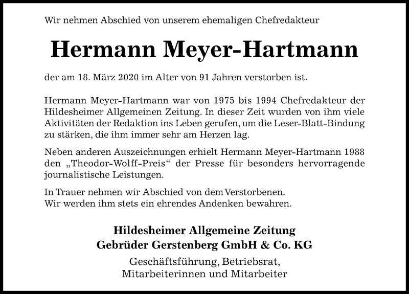  Traueranzeige für Hermann Meyer-Hartmann vom 28.03.2020 aus Hildesheimer Allgemeine Zeitung