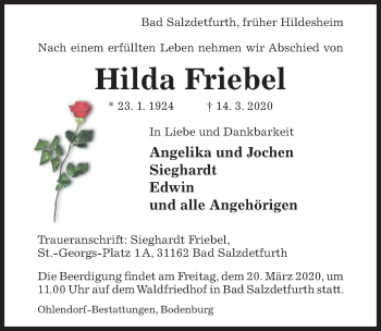 Traueranzeige von Hilda Friebel von Hildesheimer Allgemeine Zeitung