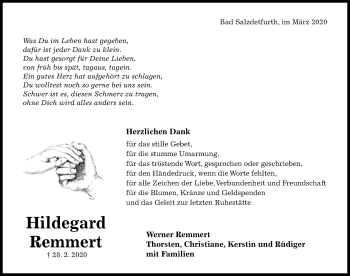 Traueranzeige von Hildegard Remmert von Hildesheimer Allgemeine Zeitung