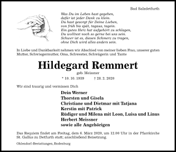 Traueranzeige von Hildegard Remmert von Hildesheimer Allgemeine Zeitung