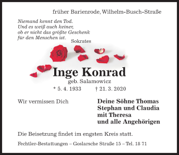 Traueranzeige von Inge Konrad von Hildesheimer Allgemeine Zeitung