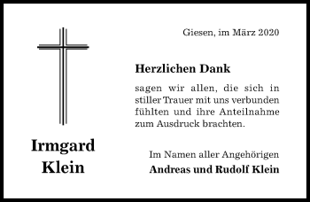 Traueranzeige von Irmgard Klein von Hildesheimer Allgemeine Zeitung