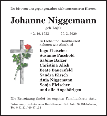 Traueranzeige von Johanne Niggemann von Hildesheimer Allgemeine Zeitung