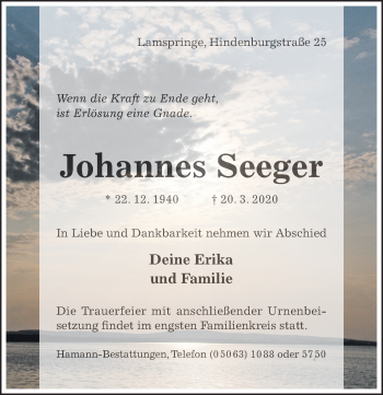 Traueranzeige von Johannes Seeger von Hildesheimer Allgemeine Zeitung