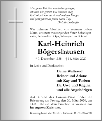 Traueranzeige von Karl-Heinrich Bögershausen von Hildesheimer Allgemeine Zeitung