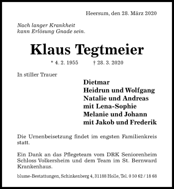 Traueranzeige von Klaus Tegtmeier von Hildesheimer Allgemeine Zeitung