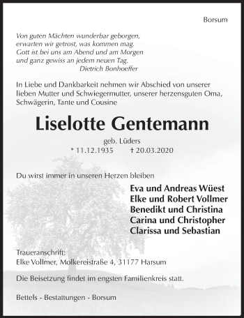 Traueranzeige von Liselotte Gentemann von Hildesheimer Allgemeine Zeitung