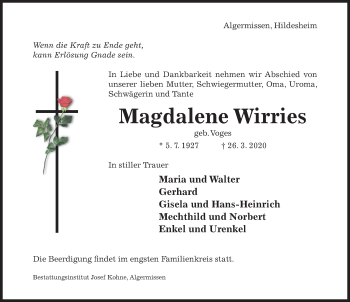 Traueranzeige von Magdalene Wirries von Hildesheimer Allgemeine Zeitung