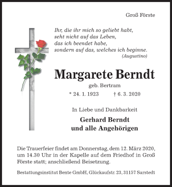 Traueranzeige von Margarete Berndt von Hildesheimer Allgemeine Zeitung