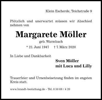 Traueranzeige von Margarete Möller von Hildesheimer Allgemeine Zeitung