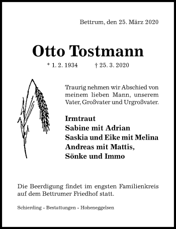 Traueranzeige von Otto Tostmann von Hildesheimer Allgemeine Zeitung