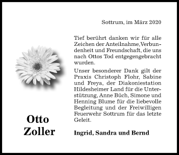 Traueranzeige von Otto Zoller von Hildesheimer Allgemeine Zeitung