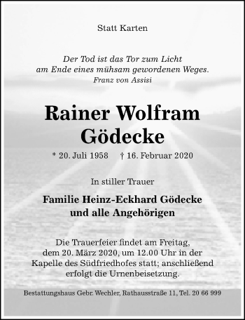 Traueranzeige von Rainer Wolfram Gödecke von Hildesheimer Allgemeine Zeitung