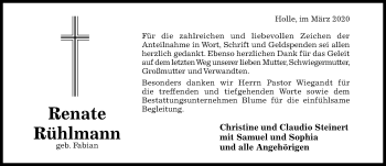 Traueranzeige von Renate Rühlmann von Hildesheimer Allgemeine Zeitung