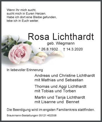 Traueranzeige von Rosa Lichthardt von Hildesheimer Allgemeine Zeitung