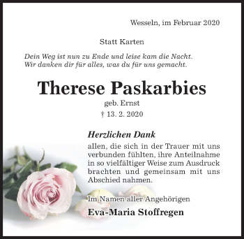 Traueranzeige von Therese Paskarbies von Hildesheimer Allgemeine Zeitung