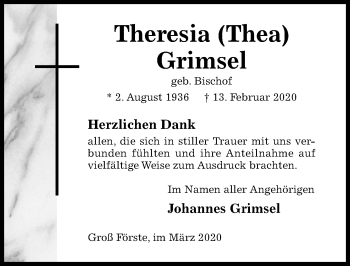 Traueranzeige von Theresia Grimsel von Hildesheimer Allgemeine Zeitung
