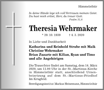 Traueranzeige von Theresia Wehrmaker von Hildesheimer Allgemeine Zeitung