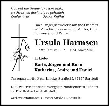 Traueranzeige von Ursula Harmsen von Hildesheimer Allgemeine Zeitung