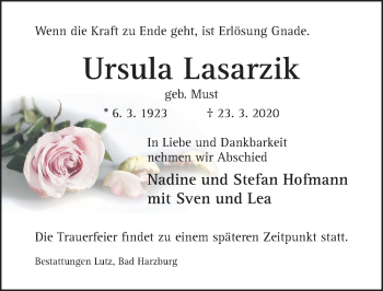 Traueranzeige von Ursula Lasarzik von Hildesheimer Allgemeine Zeitung