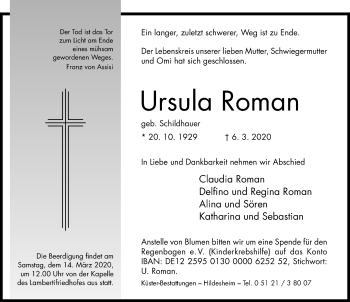 Traueranzeige von Ursula Roman von Hildesheimer Allgemeine Zeitung