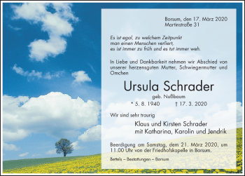 Traueranzeige von Ursula Schrader von Hildesheimer Allgemeine Zeitung