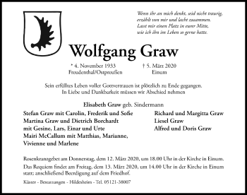 Traueranzeige von Wolfgang Graw von Hildesheimer Allgemeine Zeitung