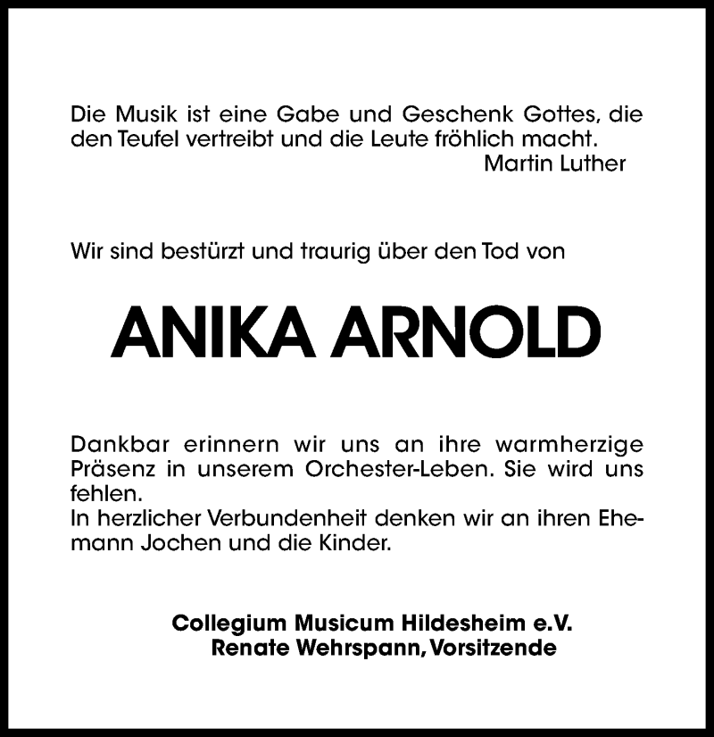  Traueranzeige für Anika Arnold vom 18.04.2020 aus Hildesheimer Allgemeine Zeitung