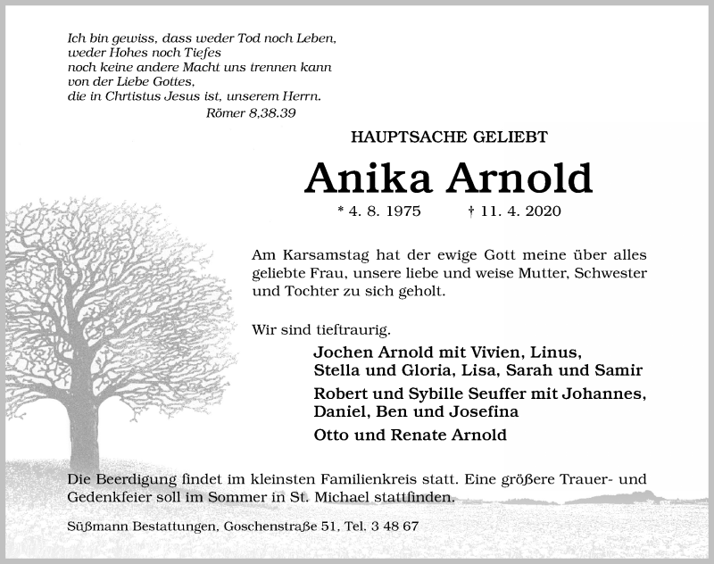  Traueranzeige für Anika Arnold vom 16.04.2020 aus Hildesheimer Allgemeine Zeitung