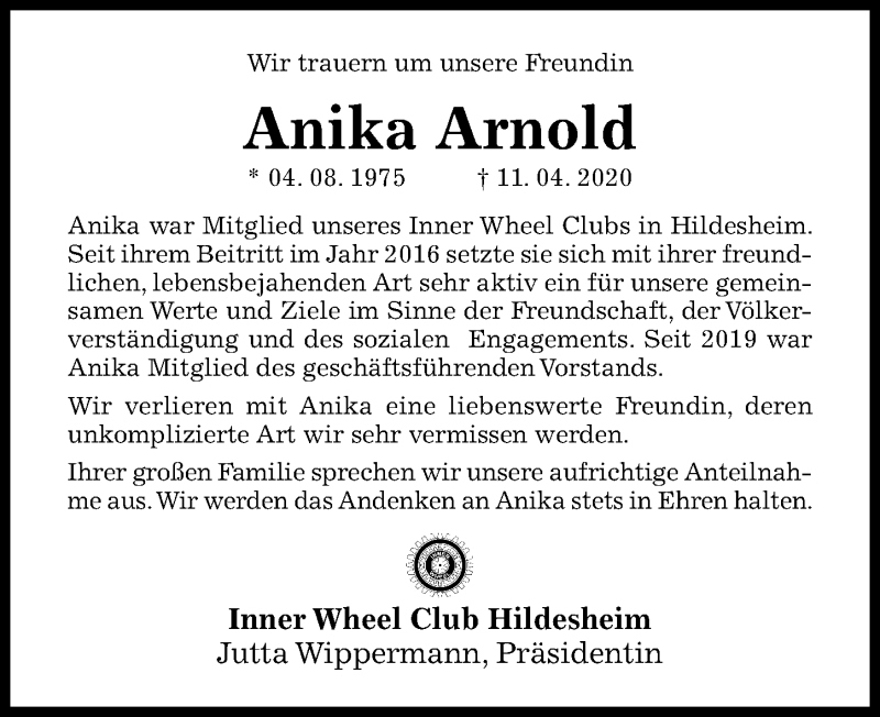  Traueranzeige für Anika Arnold vom 18.04.2020 aus Hildesheimer Allgemeine Zeitung