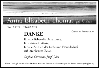 Traueranzeige von Anna-Elisabeth Thomas von Hildesheimer Allgemeine Zeitung