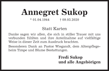 Traueranzeige von Annegret Sukop von Hildesheimer Allgemeine Zeitung